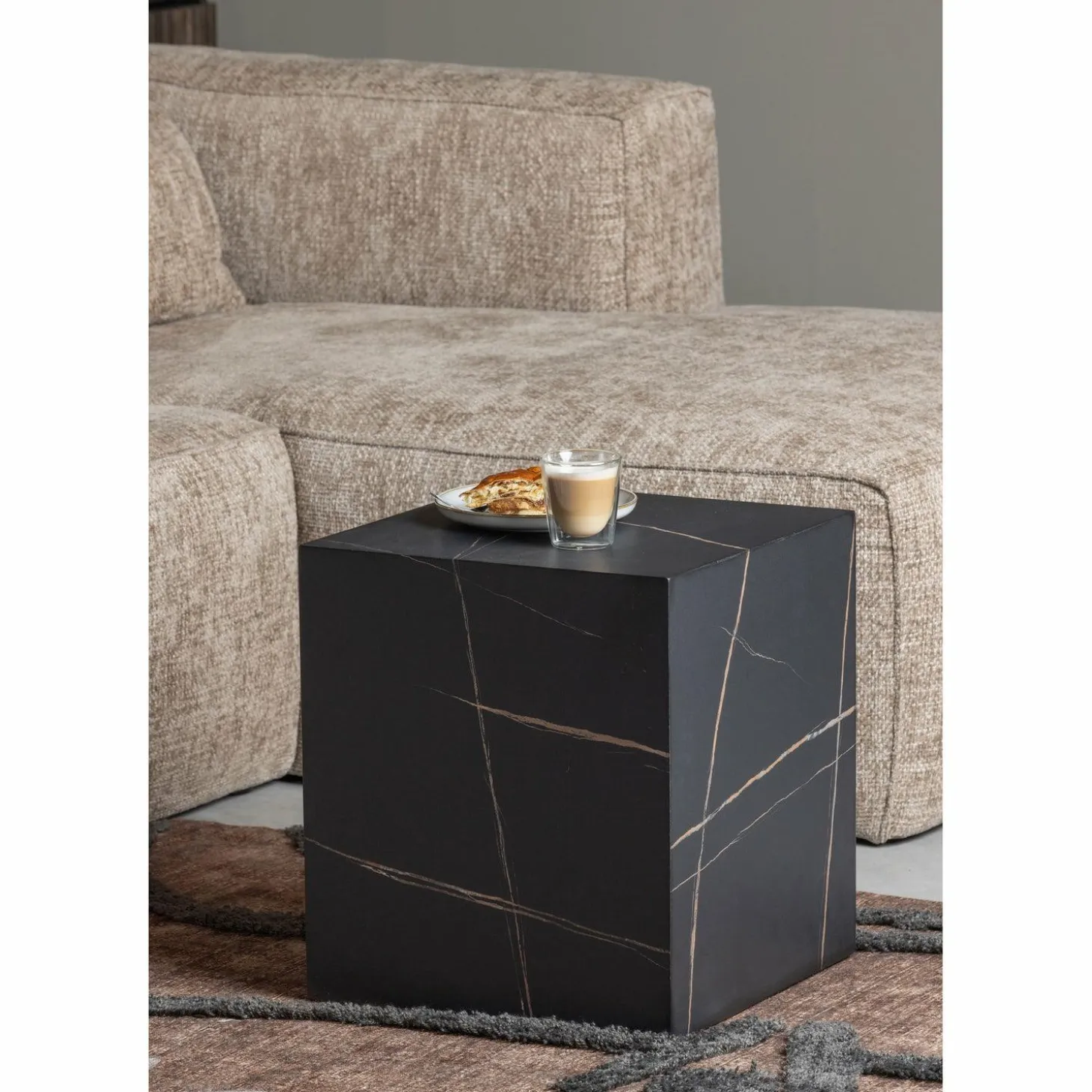 Bean hoekbank rechts grove melange stof travertin - Loft24.nl