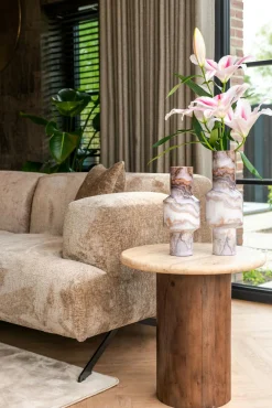 Bijzettafel Douglas Mangohout en Travertin - Ø50 cm - Loft24.nl