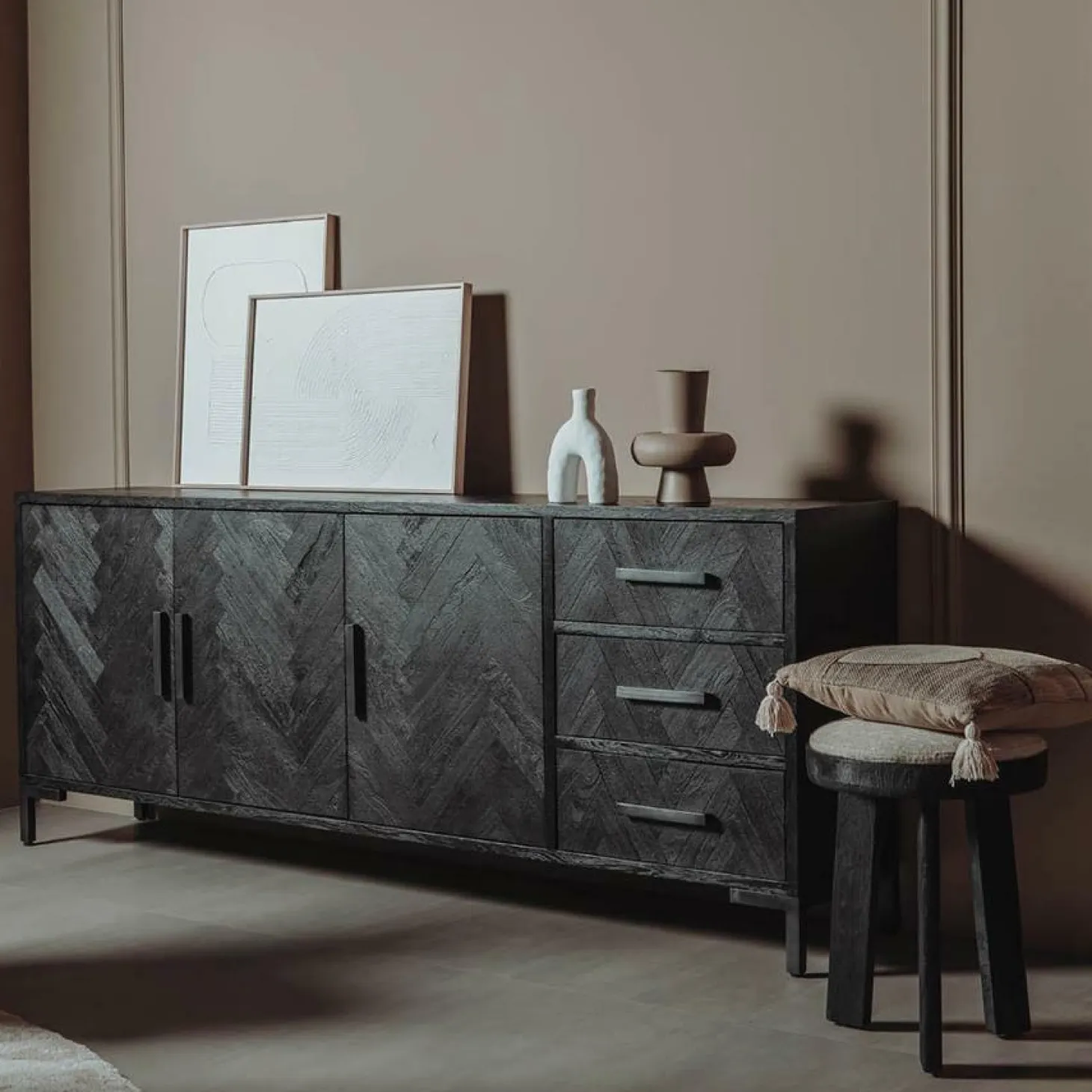 Dressoir Ziano Visgraat Zwart - 220 cm - Loft24.nl