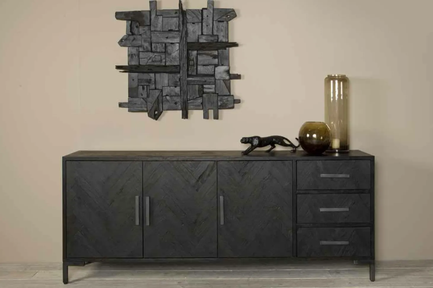 Dressoir Ziano Visgraat Zwart - 220 cm - Loft24.nl