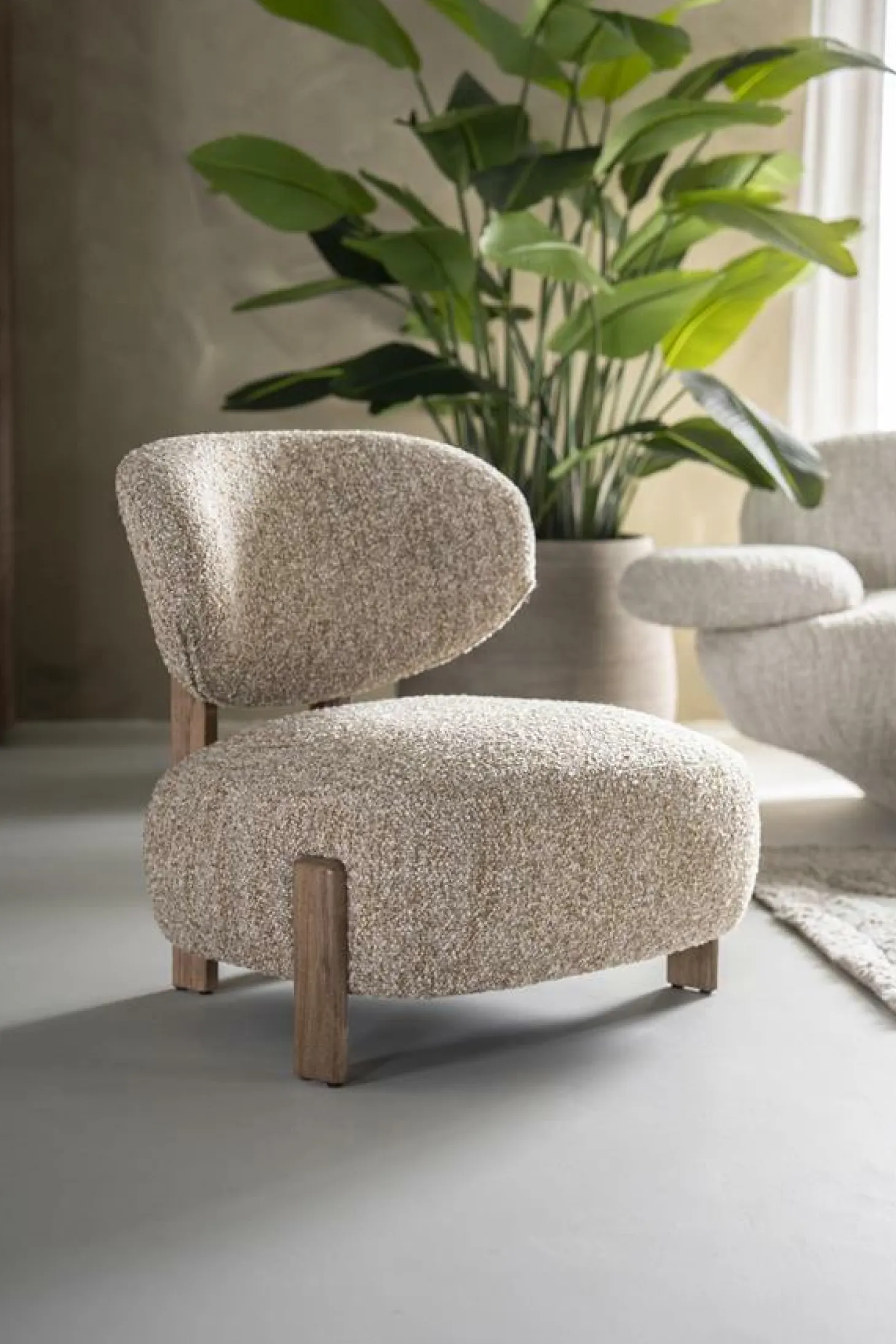 Fauteuil Reza Bouclé en bruin eikenhout - Beige - Loft24.nl