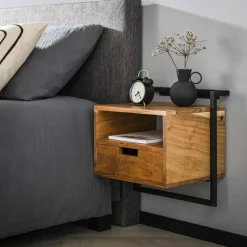 Hangend Nachtkastje Air Solid Acaciahout met 1 lade en open vak - Loft24.nl