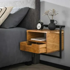 Hangend Nachtkastje Air Solid Acaciahout met 1 lade en open vak - Loft24.nl