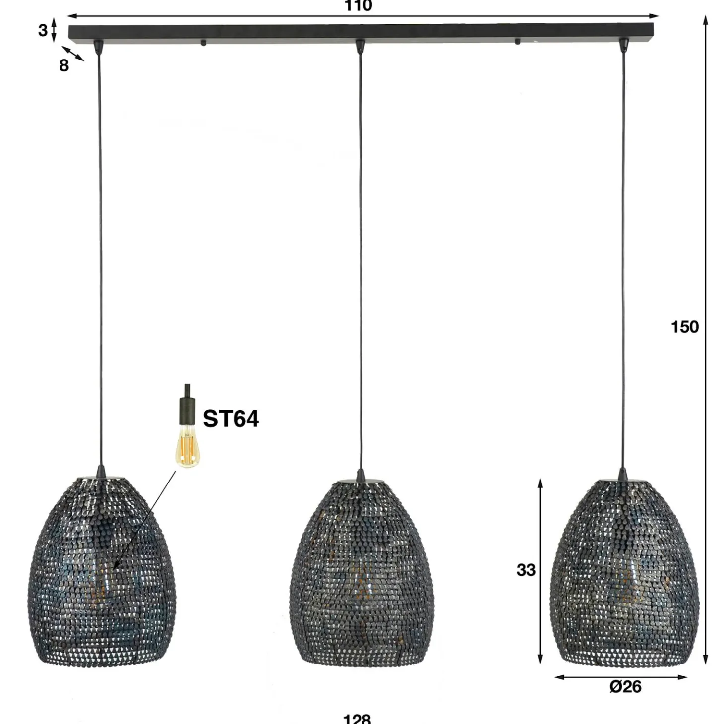 Hanglamp Armor Ovaal Zwart Bruin - 3 lampen - Loft24.nl