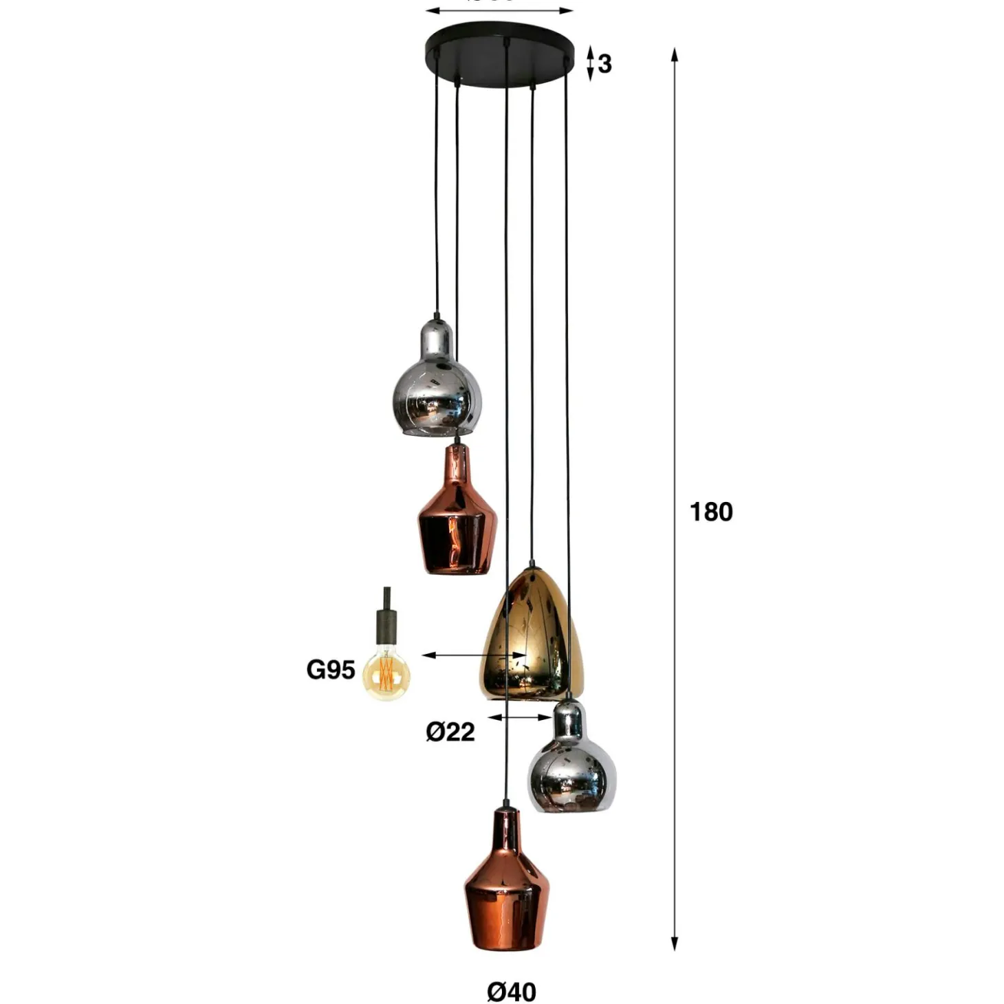 Hanglamp 5L getrapt mix glass tricolore - Loft24.nl