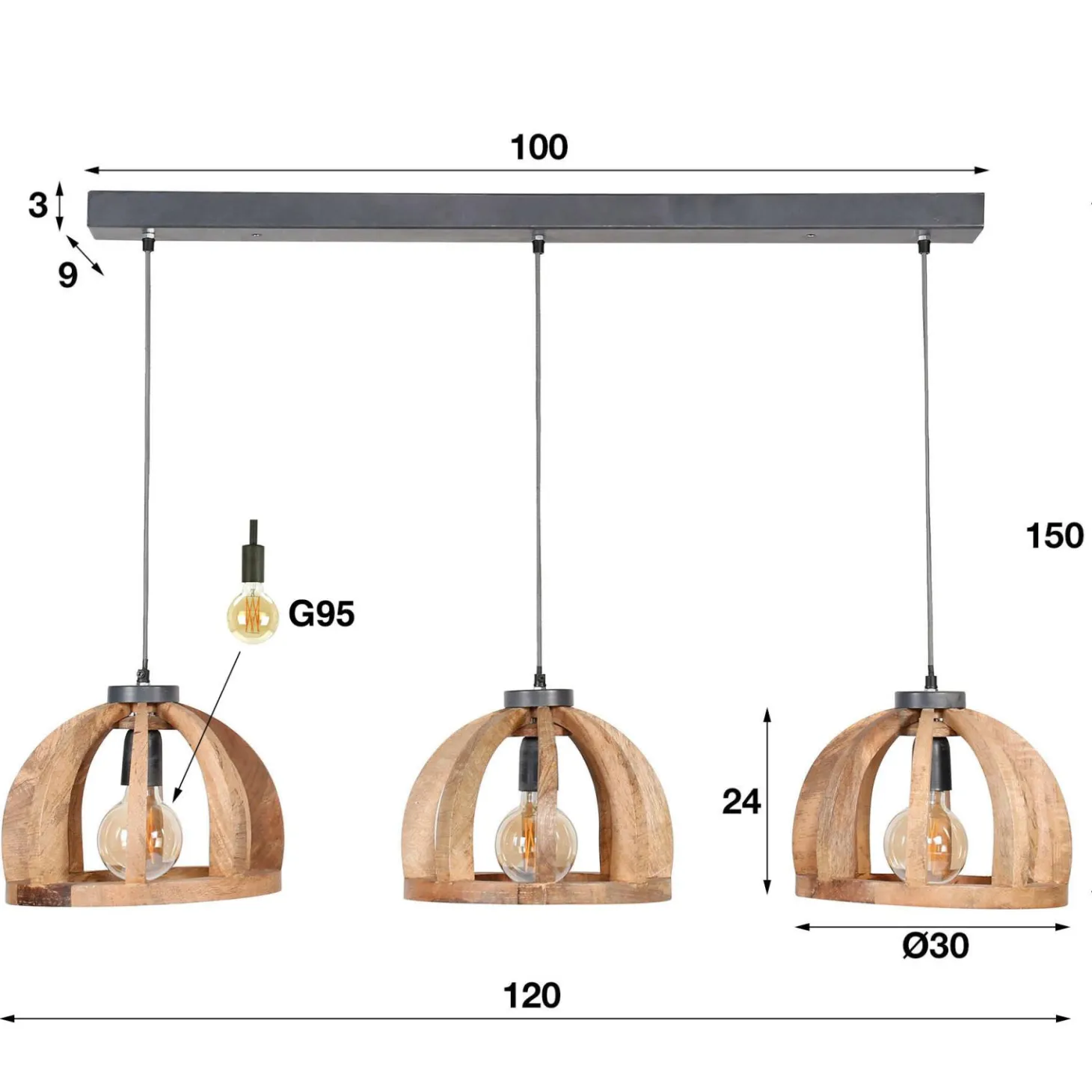 Hanglamp Launch Gebogen Spijlen Mangohout - 3 lampen - Loft24.nl