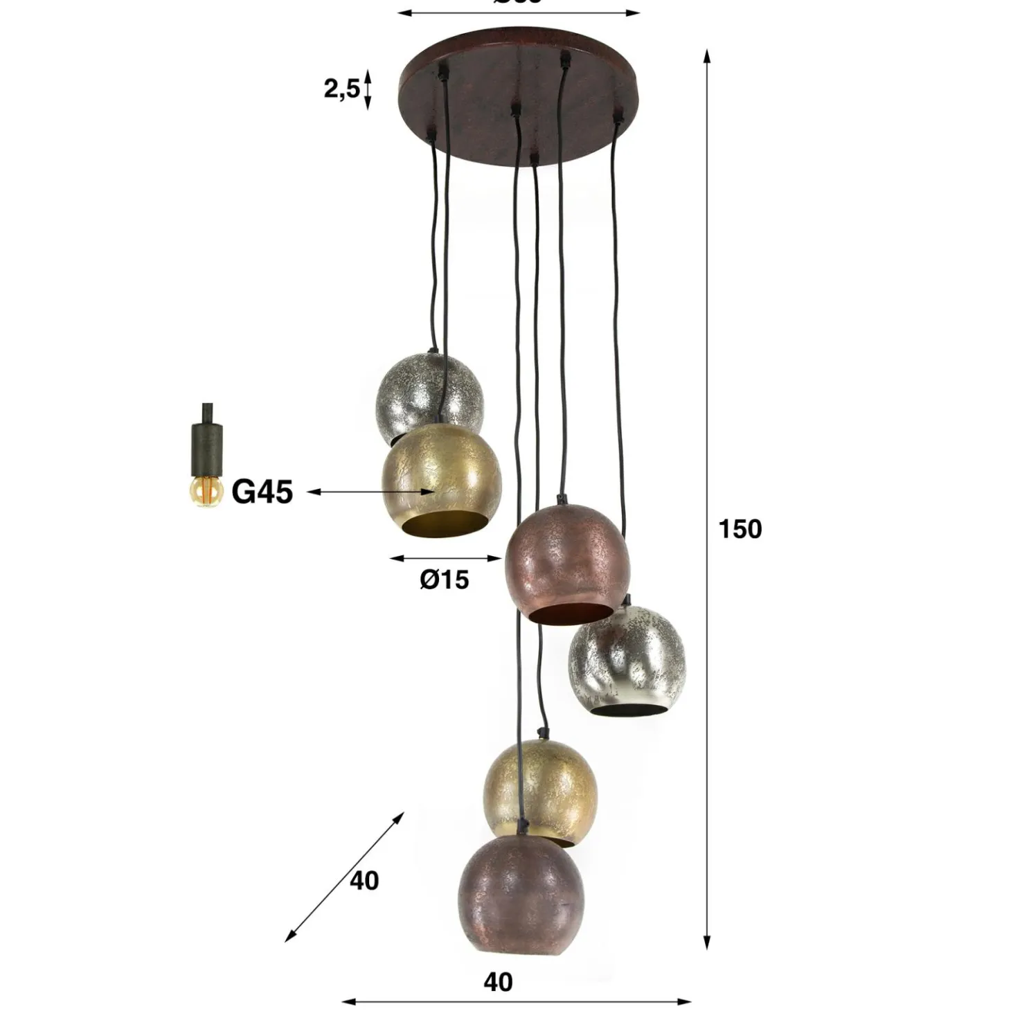 Hanglamp 6x bol getrapt metal print - Loft24.nl