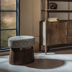 Hocker Ossana Metalen Ring Mangohout en stof - 50 cm - Loft24.nl