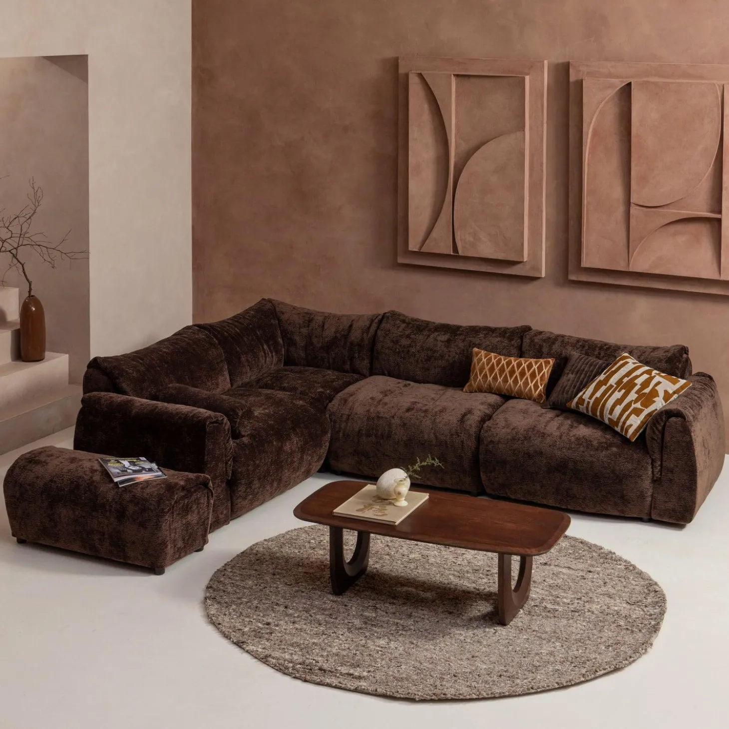 Hoekbank Baggy 3D chenille - Donkerbruin (links) - Loft24.nl