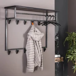 Kapstok Yucon Acaciahout met 12 haken en plank - Zwart - Loft24.nl