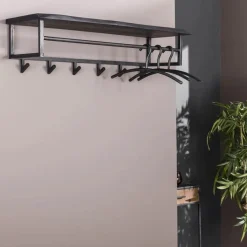 Kapstok Yucon Acaciahout met 6 haken en plank - Zwart - Loft24.nl