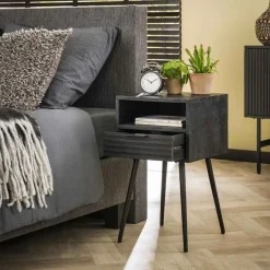 Nachtkastje Marina Mangohout met 1 lade - Zwart - Loft24.nl