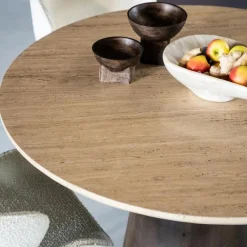 Ronde Eettafel Aikin Travertin en Mangohout - 130cm - Loft24.nl