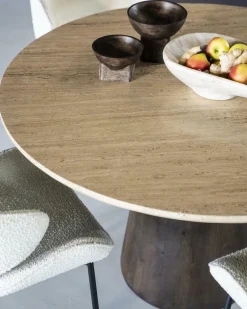 Ronde Eettafel Aikin Travertin en Mangohout - 130cm - Loft24.nl