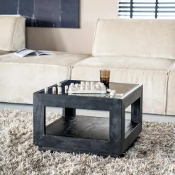 Salontafel Liam Mangohout en Glas - Zwart 60 x 60 cm (showmodel) - Loft24.nl