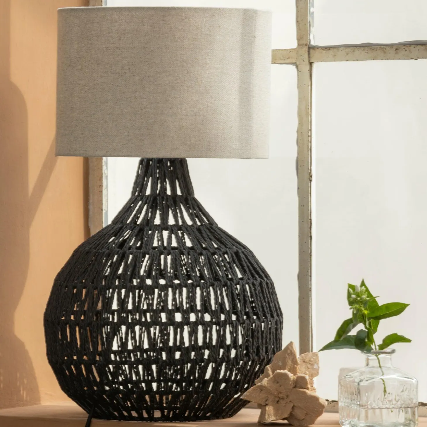 Tafellamp Macy Rattan kleur Zwart (excl. kap) - Loft24.nl