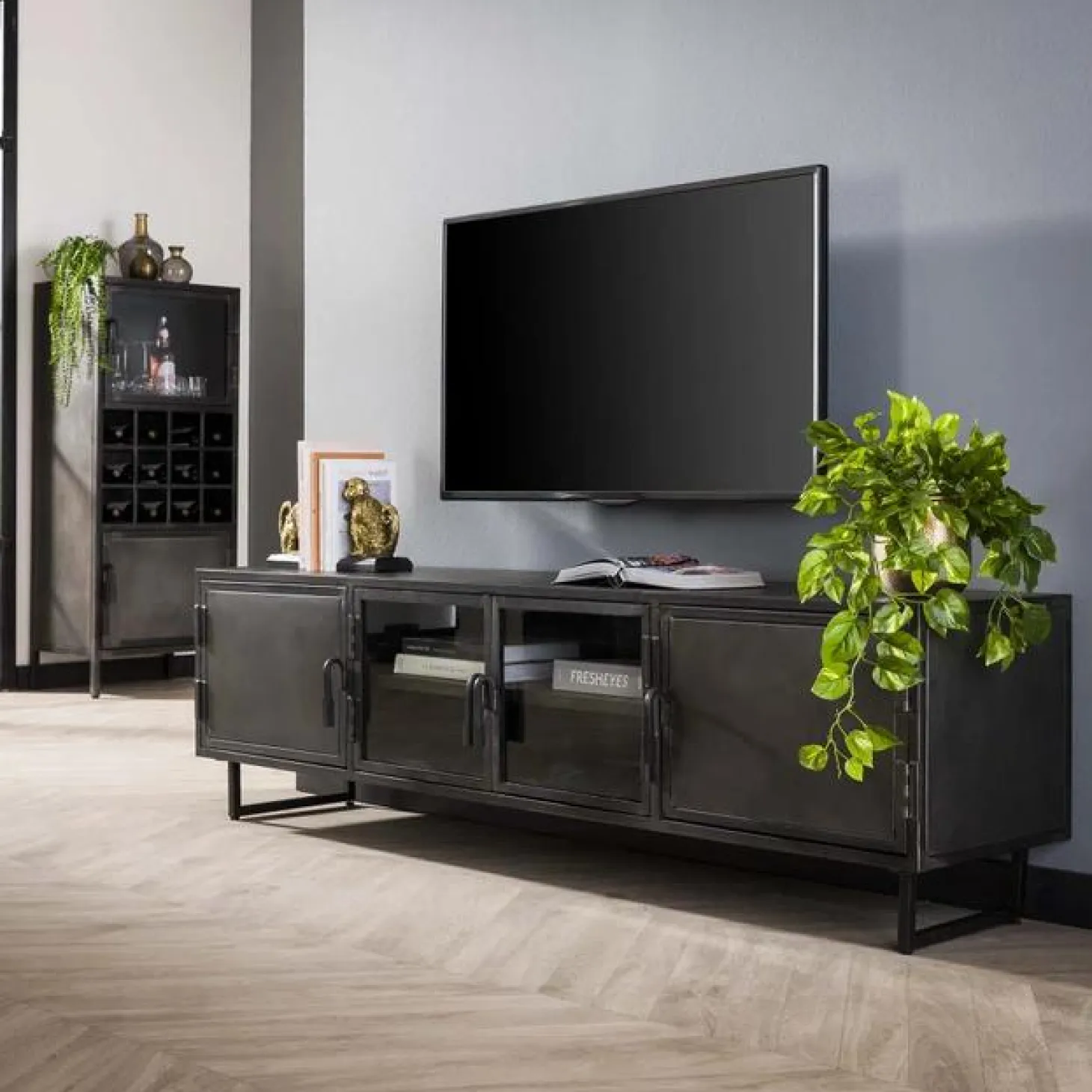 TV-meubel Rift metaal en Glas 180cm- Zwart - Loft24.nl