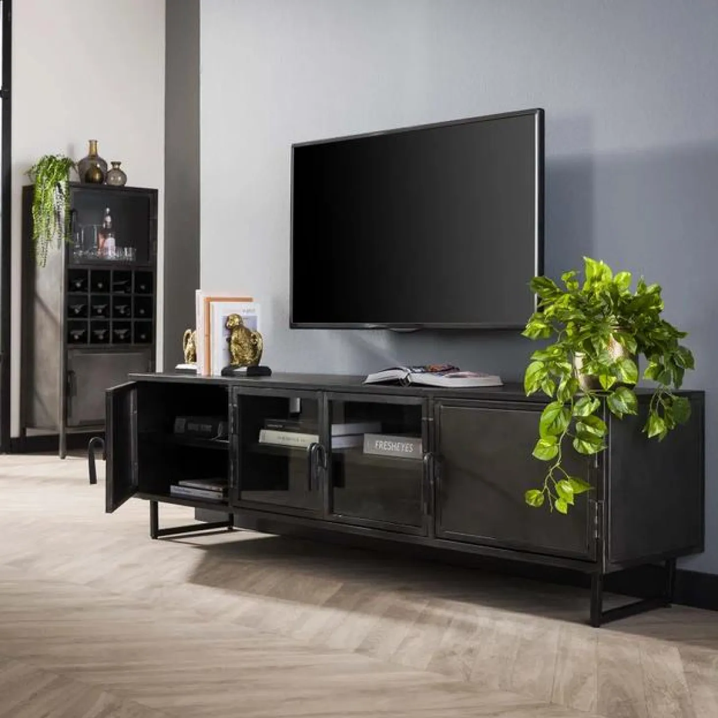 TV-meubel Rift metaal en Glas 180cm- Zwart - Loft24.nl